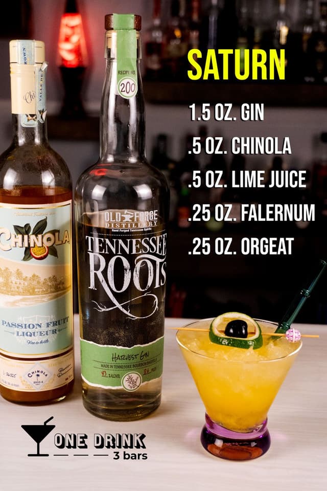 Saturn - a gin cocktail with chinola, lime juice, falernum, and orgeat